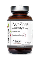 AstaZine® astaxanthin supplement bottle with 12 mg per capsule, featuring 30 capsules.